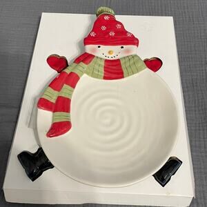 New Hallmark Snowman Cheese Ball 6" Plate with 4 Spreaders: 2 Boots & 2 Mittens